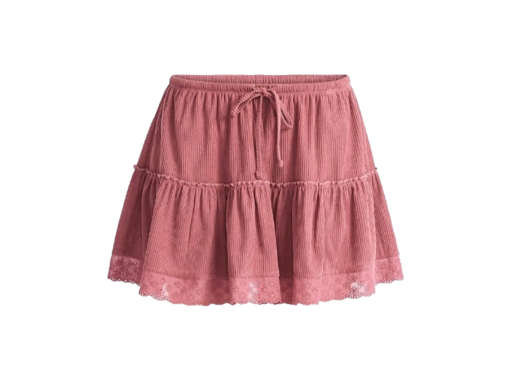 No Boundaries Womens Mini Skirt Pink Corduroy Lace Trim Ruffle Size XS New